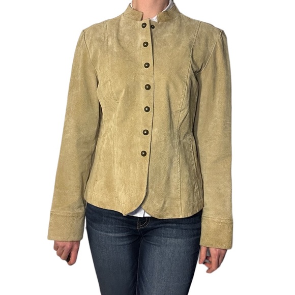 Vintage suede button down long sleeve leather beige tan jacket Aria - Picture 2 of 10
